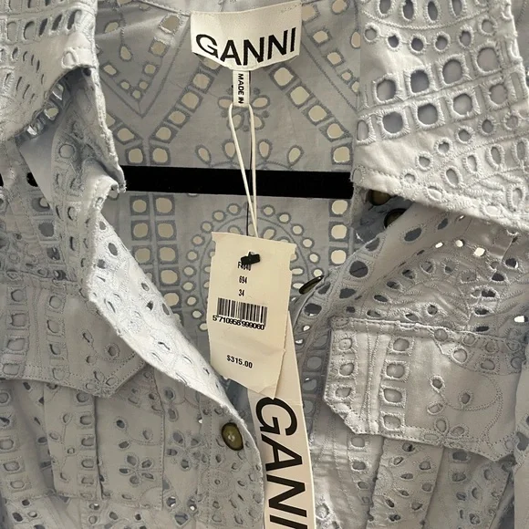 Ganni NWT Balloon-Sleeve Broderie Anglaise Mini Shirt Dress (Size 34) - Picture 8 of 8